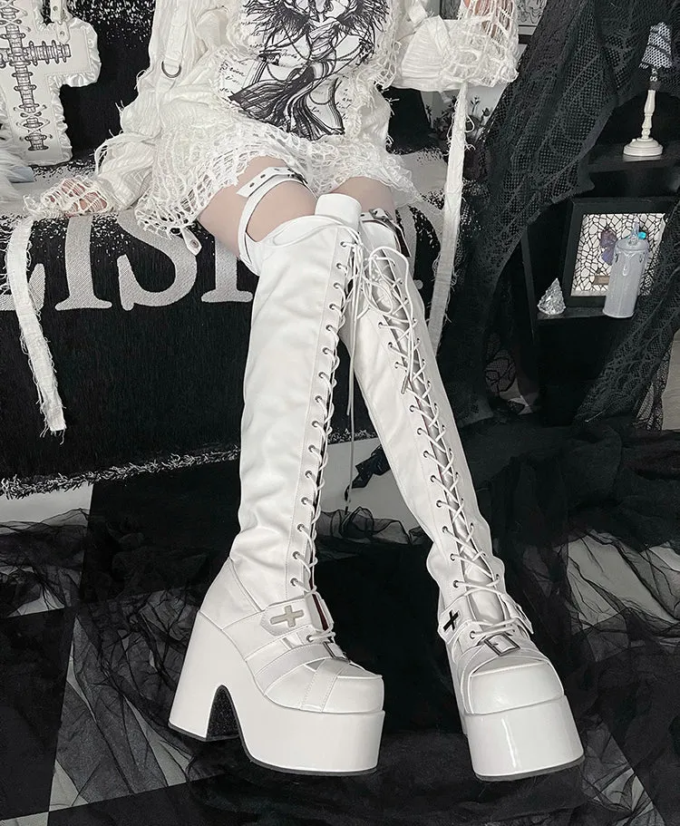 Matte White Front Lace-up Ties Buckle Straps Heel Platform Thigh-high Boots