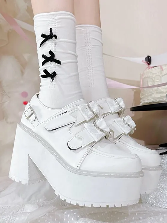 Matte White Jirai Kei Rhinestone Heart Bowknots Velcro Strap Closures  Landmine Style Platform Shoes