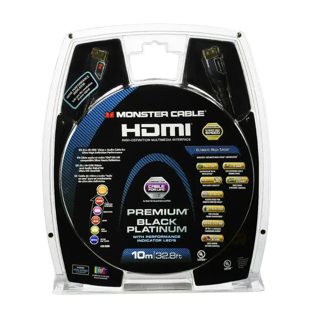 Monster 35ft Black Platinum UltraHD High-Speed 27Gbps HDMI Cable with Ethernet and Performance Indicators