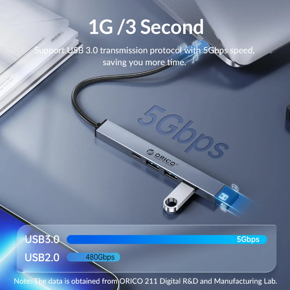 ORICO 5-Port USB C Hub to USB A 3.0 PD 60W USB C 2.0 TF Card Reader USB A 2.0 with Aluminum Alloy 5Gbps Transmission Rate for Windows Mac OS Linux PC Computer Desktop Laptop