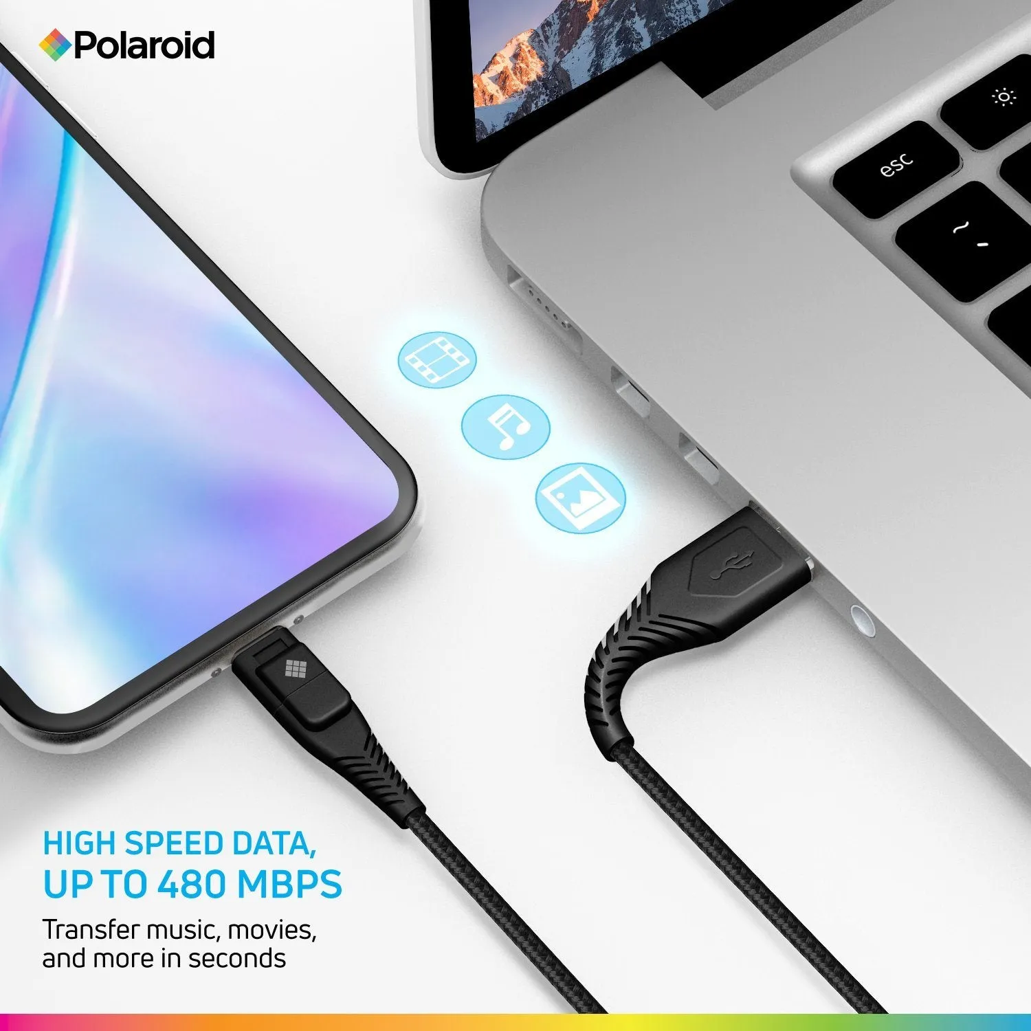 Polaroid 5 Ft USB Type-C Nylon Braided Charger Cable with LED Light