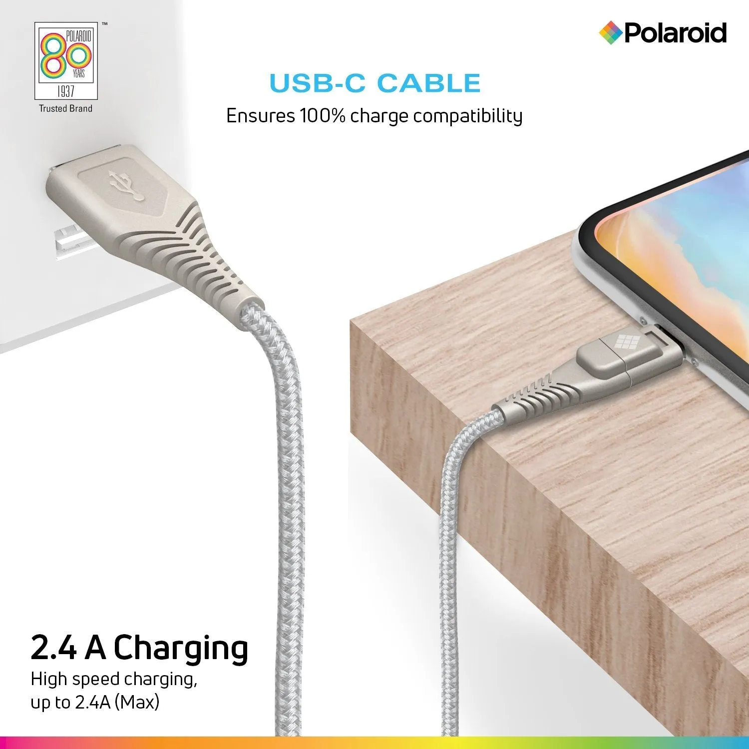 Polaroid 5 Ft USB Type-C Nylon Braided Charger Cable with LED Light