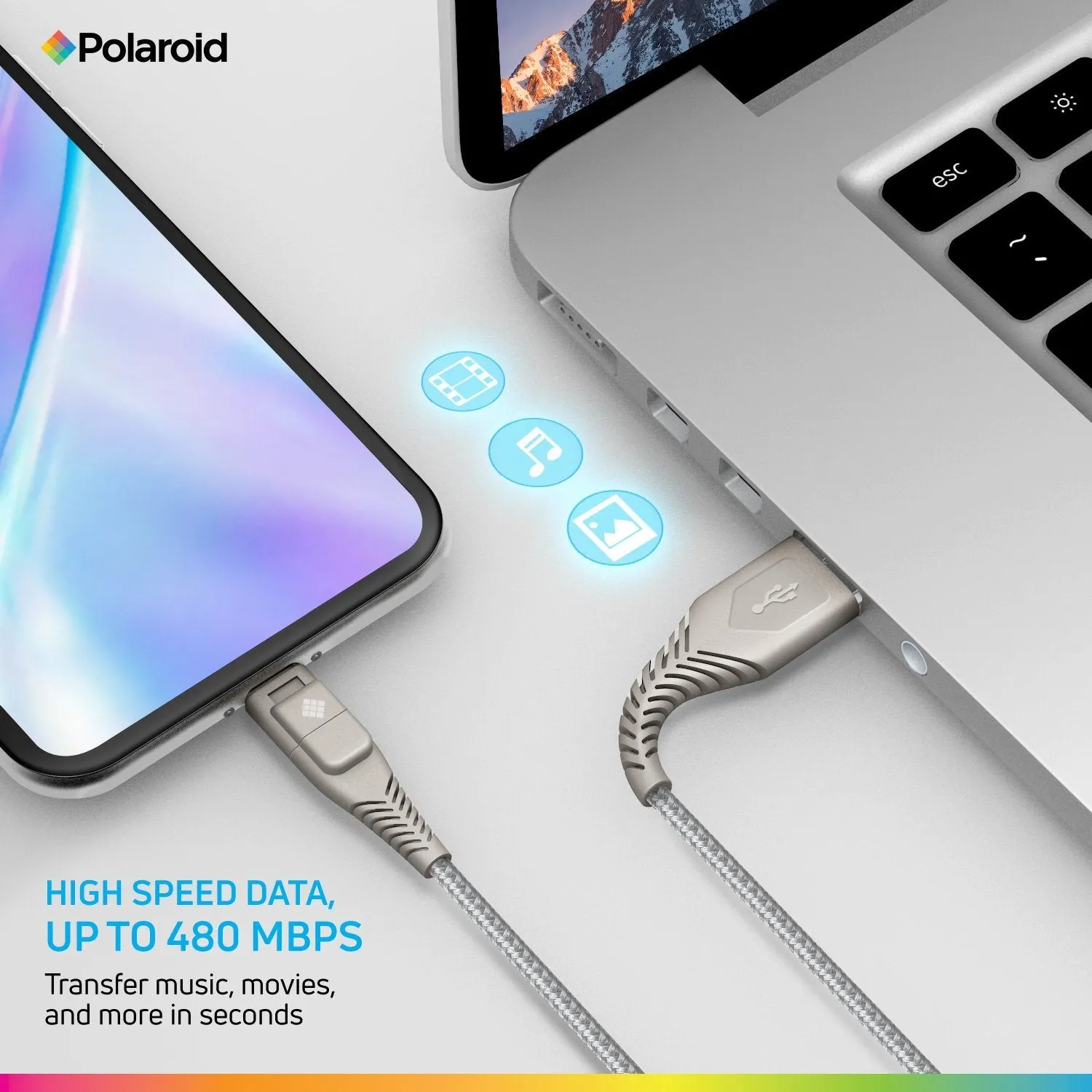 Polaroid 5 Ft USB Type-C Nylon Braided Charger Cable with LED Light