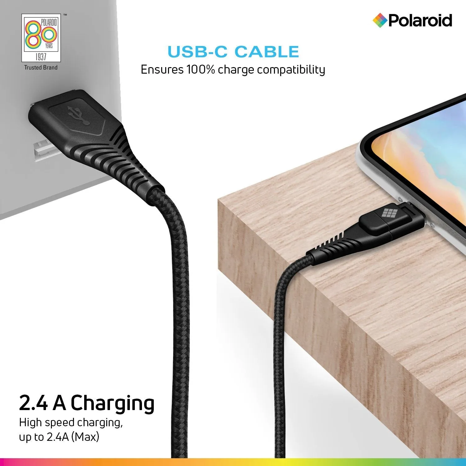 Polaroid 5 Ft USB Type-C Nylon Braided Charger Cable with LED Light