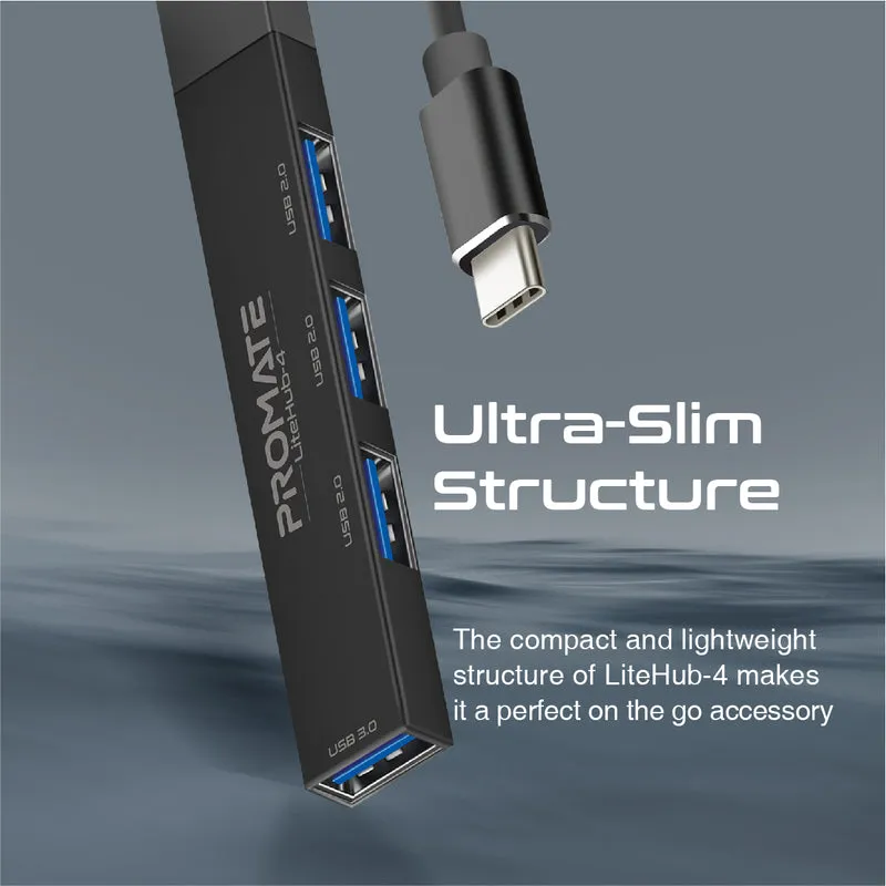 Promate LiteHub-4 4-in-1 Multi-Port USB-C Data Hub - Black - TJRKV9D