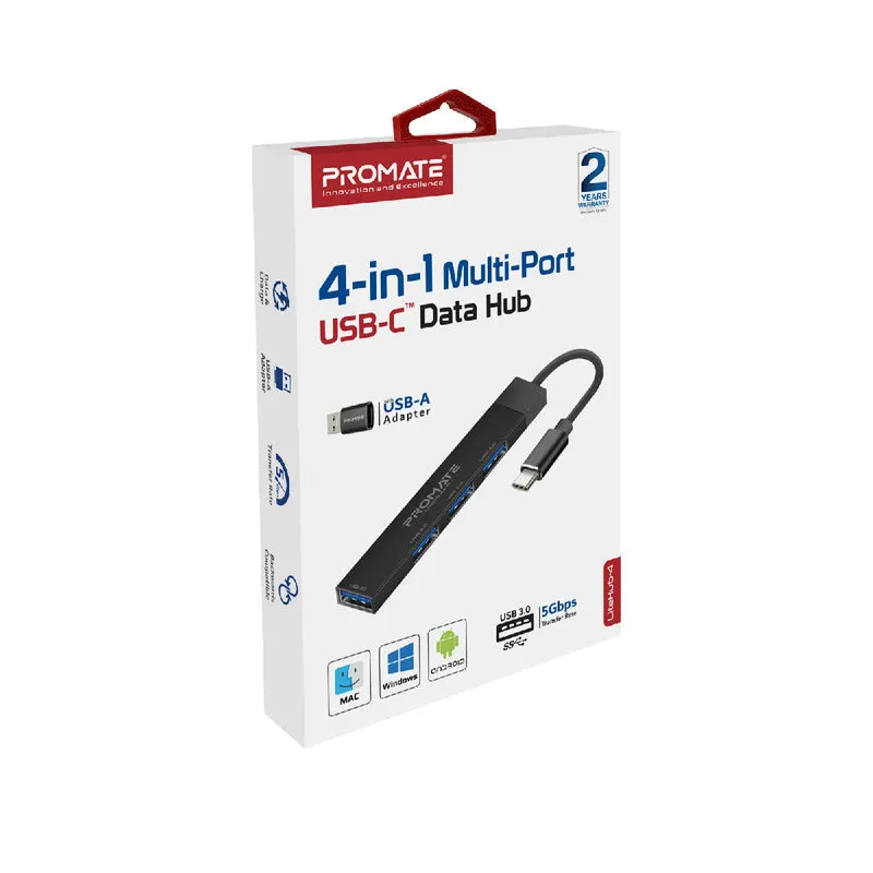 Promate LiteHub-4 4-in-1 Multi-Port USB-C Data Hub - Black - TJRKV9D