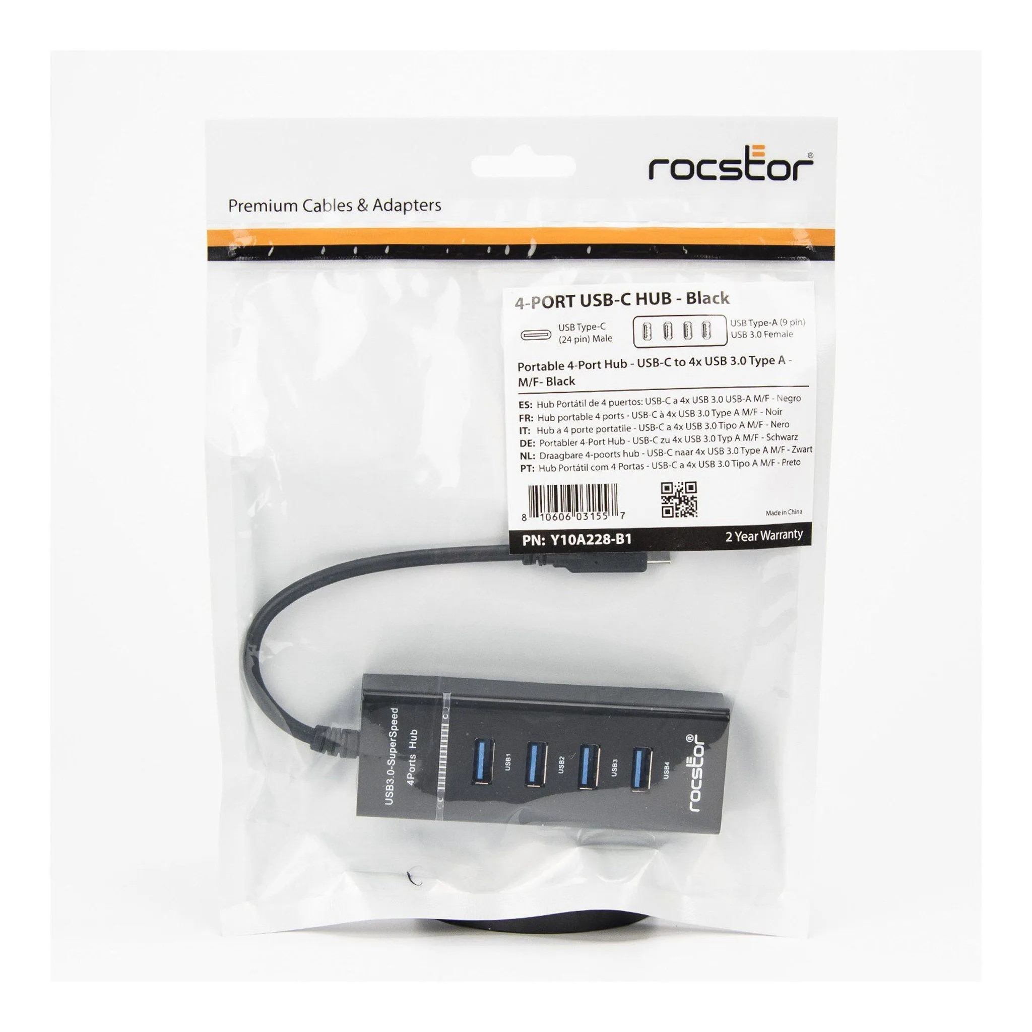 Rocstor Y10A228-B1 4-Port USB-C to USB-A Portable USB 3.0 Hub