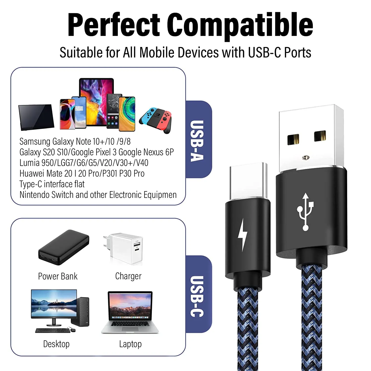 USB A to Type C Cable,Harerfong Fast Charging Feet Braided USB Cable