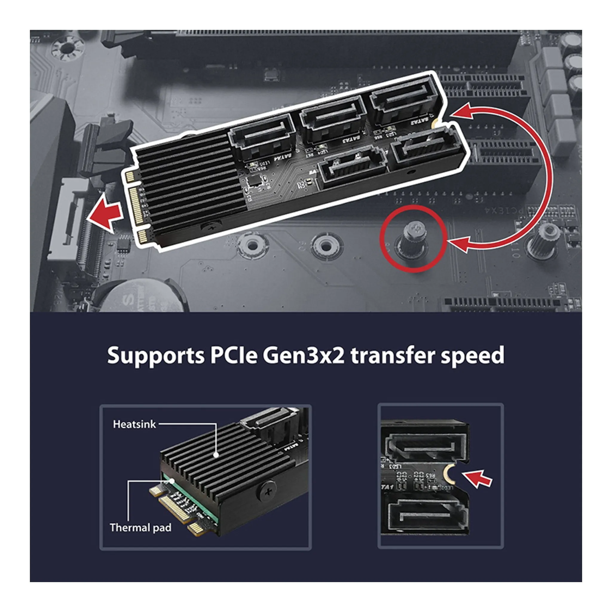 Vantec UGT-M2670 M.2 PCIe Gen3x2 B M Key To 5 Ports SATA III Expansion Card