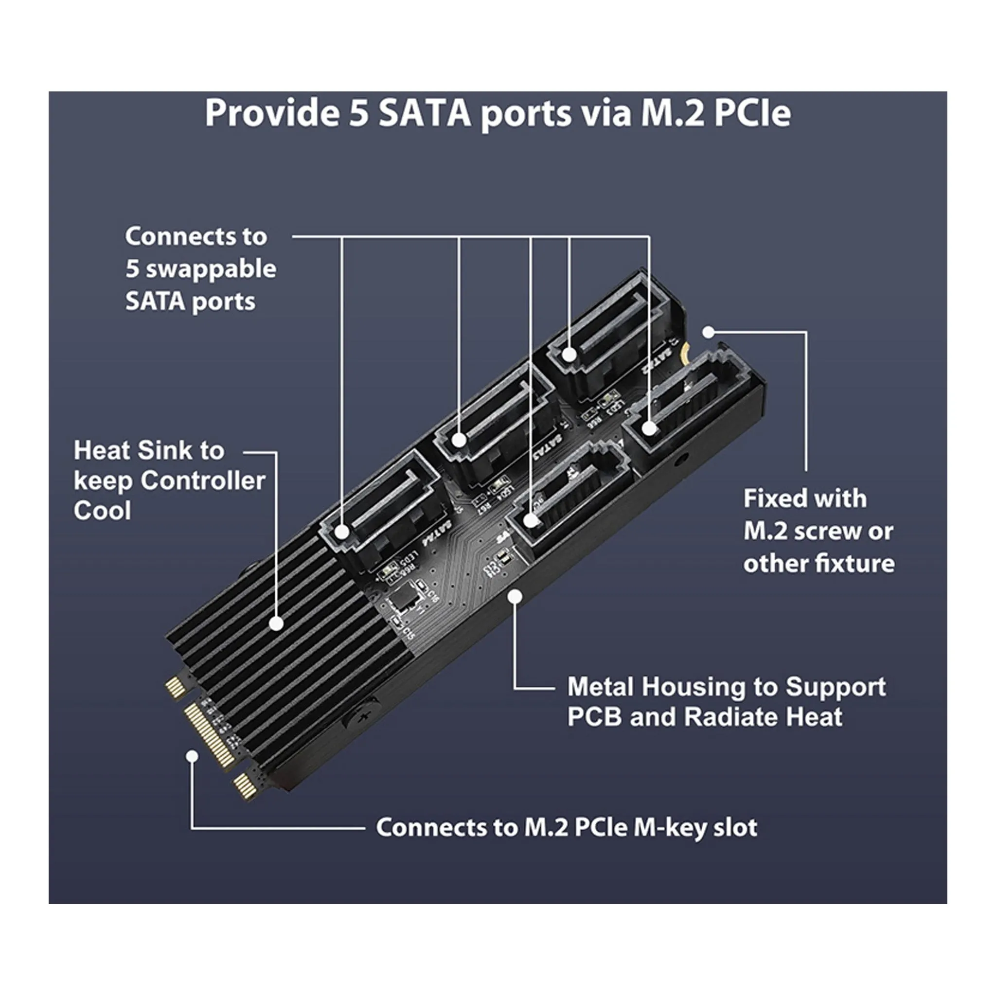 Vantec UGT-M2670 M.2 PCIe Gen3x2 B M Key To 5 Ports SATA III Expansion Card