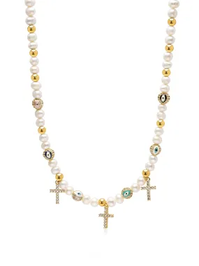Women's Cross Pearl Choker with Evil Eyes