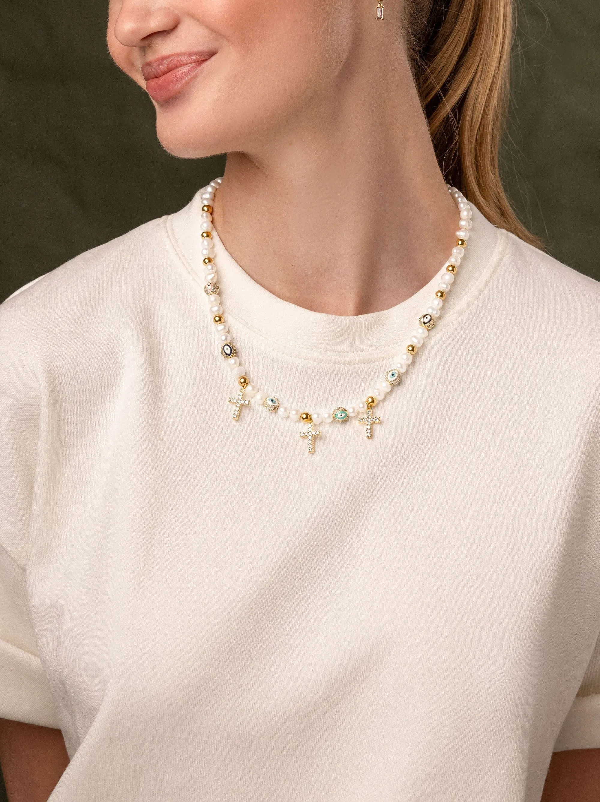 Women's Cross Pearl Choker with Evil Eyes