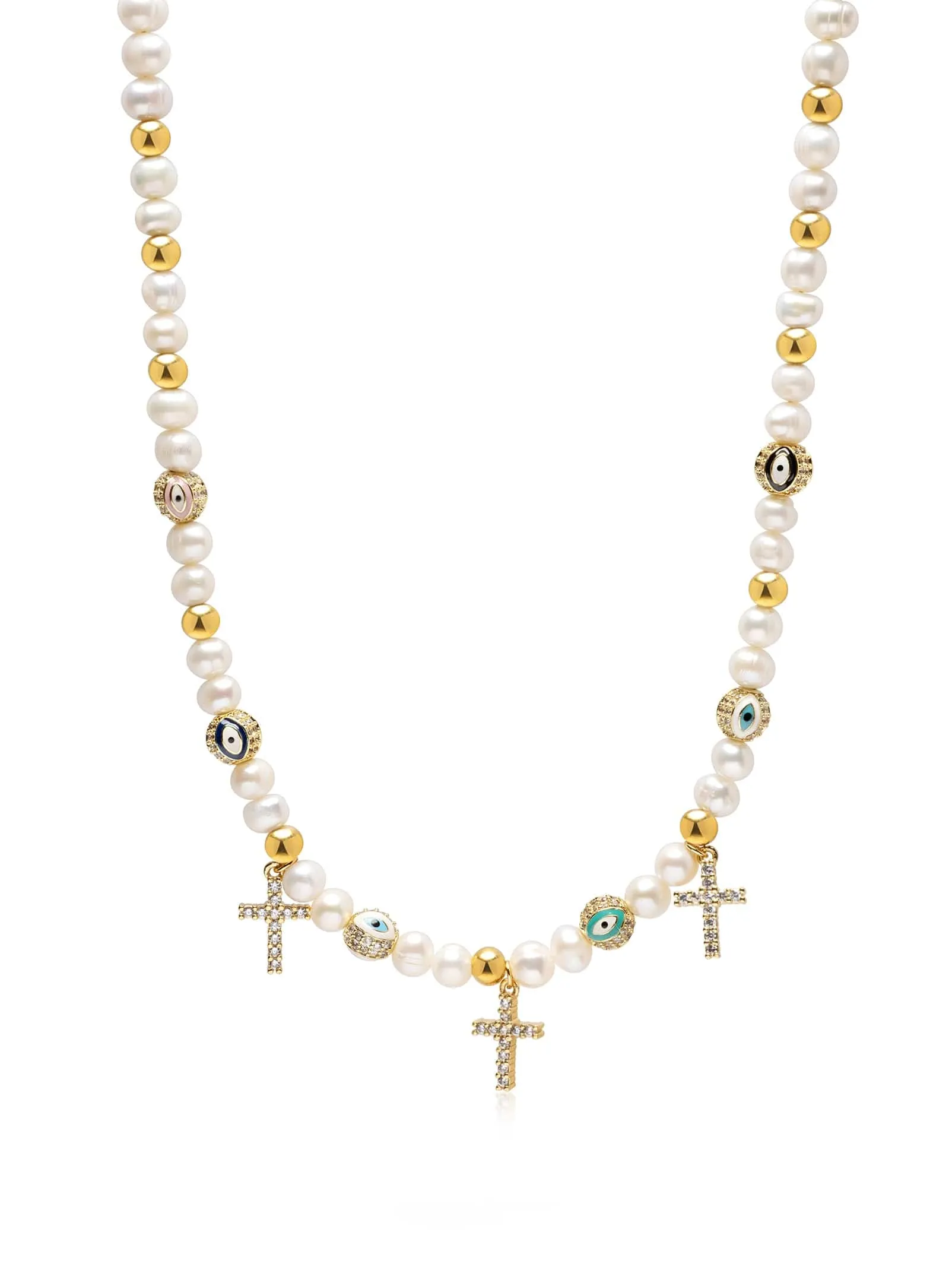 Women's Cross Pearl Choker with Evil Eyes